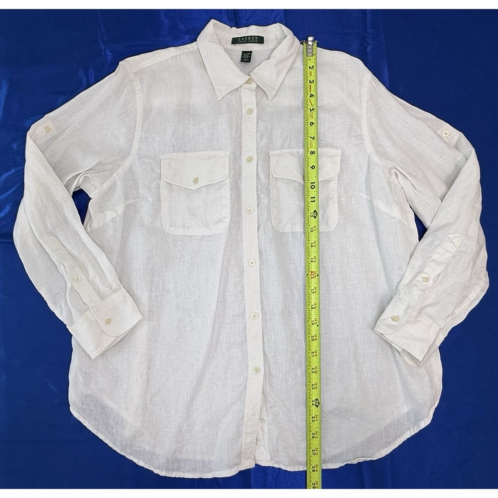 Lauren Ralph Lauren Women's 1X / XL White Linen Long Roll Sleeve Button-Up Shirt - Picture 6 of 7